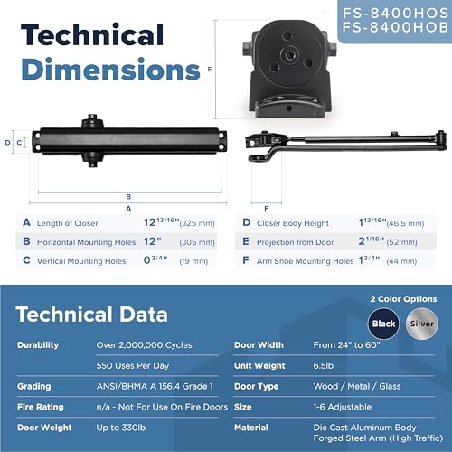 FORTSTRONG Commercial Door Closer - FS-8400 HOB - Heavy Duty Adjustable Grade 1 Standard Automatic Door Closing Hinge - ADA Compliant - Hold Open Function-Black Finish - color: FH-8400HOB