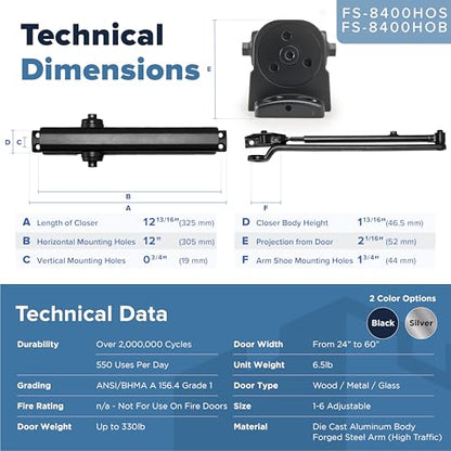 FORTSTRONG Commercial Door Closer - FS-8400 HOB - Heavy Duty Adjustable Grade 1 Standard Automatic Door Closing Hinge - ADA Compliant - Hold Open Function-Black Finish - color: FH-8400HOB