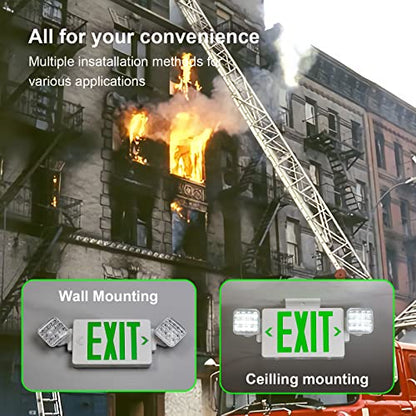 GZRUIYANG Exit Sign with Emergency Lights Green, LED Emergency Exit Light with Battery Backup, UL 924 Certified, AC 120/277V, Commercial Emergency Lights Combo for Business - 1 Pack - color: White Housing Green Letter, size: 1 Pack