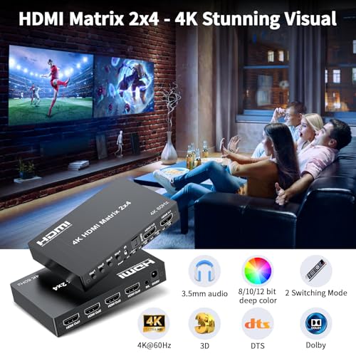 2 in 4 Out HDMI Matrix Switch, 4K Matrix HDMI 2.0 Video Switcher Splitter - size: 4K 2X4 Matrix with EDID