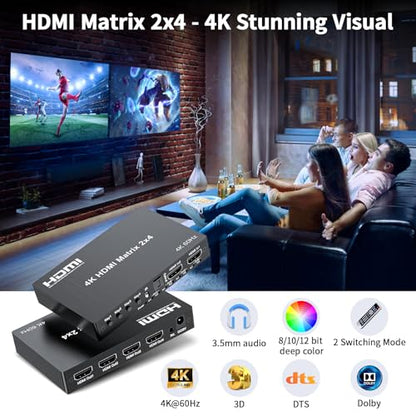 2 in 4 Out HDMI Matrix Switch, 4K Matrix HDMI 2.0 Video Switcher Splitter - size: 4K 2X4 Matrix with EDID