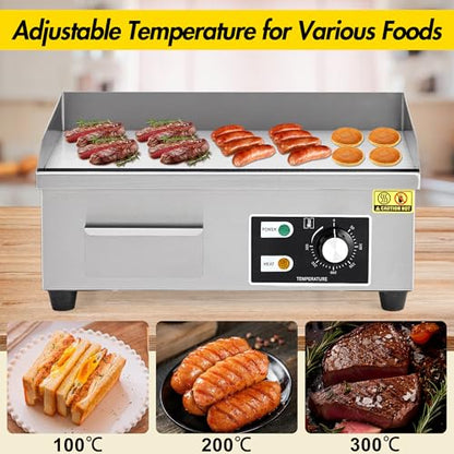 18 Inch 1600W Commercial Electric Griddle – Stainless Steel Flat Top Grill with 122-572°F Adjustable Temp, 2 Shovels & 2 Brushes, Countertop BBQ Teppanyaki Grill for Home & Restaurants - size: 12x18