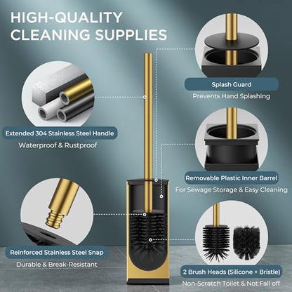 FORIOUS Stainless Steel Toilet Bowl Brush Scrubber and Holder Set Medium - color: Brushed Gold, size: Medium