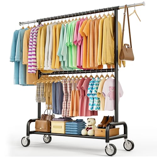 Heavy Duty Clothes Rack Load 860LBS, Double Rods Rolling Clothing Racks for Hanging Clothes, Rolling Garment Rack With Sturdy Wheels Shelves, Portable & Adjustable Commercial Garment Rack, Black - color: Black, size: 15.0" x 63.4" x 74.8"(2 Rods)