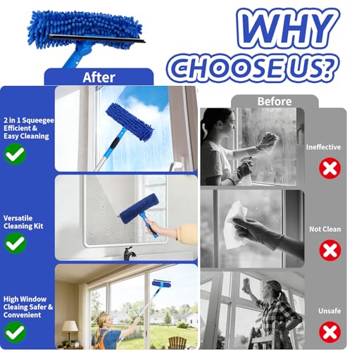 67" Squeegee Window Cleaner, 2 in 1 Professional Window Cleaning Tool Kit with Extension Pole, Window Washing Equipment with Rotatable Head for Indoor Outdoor Windows Car Glass - color: Blue