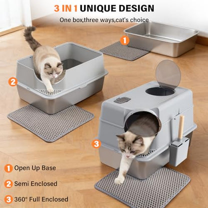 Stainless Steel Litter Box with Lid,Extra Large Enclosed cat Litter Box - color: Enclosed-XL