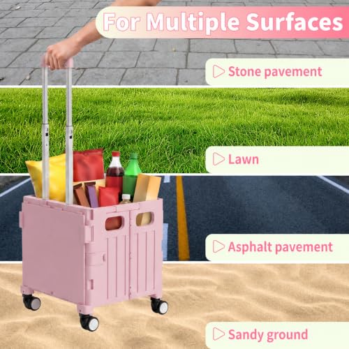 Foldable Shopping Cart with Wheels: Pink Rolling Utility Crate - color: Pink