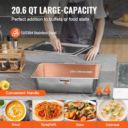 VEVOR 4-Pan Commercial Food Warmer, 4 x 20.6QT Electric Steam Table, 2000W Professional Buffet Catering Food Warmer with Acrylic Sneeze Guard, Food Grade Stainless Steel Server for Party Restaurant - size: 4-Pan (96 QT)
