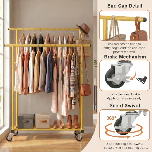 Calmootey Rolling Garment Rack, Sturdy Clothes Organizer for Bedroom - color: Gold, style: Double Rods