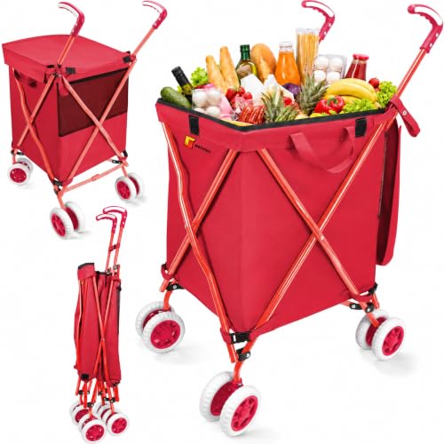 Wellmax Folding Shopping Cart with Canvas Bag & Cover, Holds 120 lb, Red - color: Red