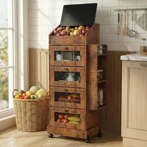 ARTETHYS Potato Storage Bin 5-Tier Rolling Bread Box Cabinet with Side Rack - color: Rustic