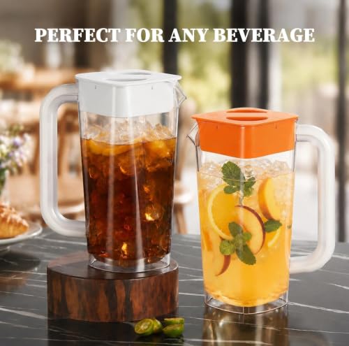 CURTA 2 Pack 2 Liters/68 oz Plastic Pitcher with Lid & Handle for Kitchen,ICED JUICE and Coffee Carafe Beverage Serveware, Acrylic Water Jug for Hot/Cold Drinks&lemonade - color: White & Orange