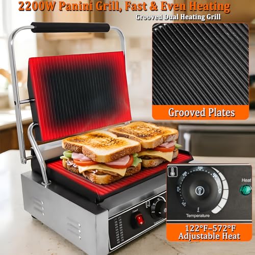 CTJ Commercial Panini Press Grill 2200W Sandwich Maker with Nonstick Plates