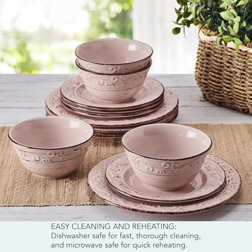 Pfaltzgraff Pink Trellis 12-Piece Dinnerware Set, Stoneware Plates and Bowls Sets for 4, Dishwasher and Microwave Safe, Rustic Garden-Inspired Design - color: Pink