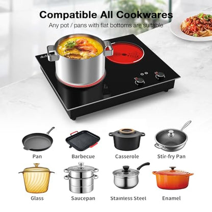 GIHETKUT Electric Cooktop,110V 2100W 2 Burner stove,Built-in & Countertop Stove Top with10 Heating Level, Timer & Kid Safety Lock, LED Knob Touch Control 2 Burner Electric Cooktop - size: 2 Burner Electric Cooktop Built-In