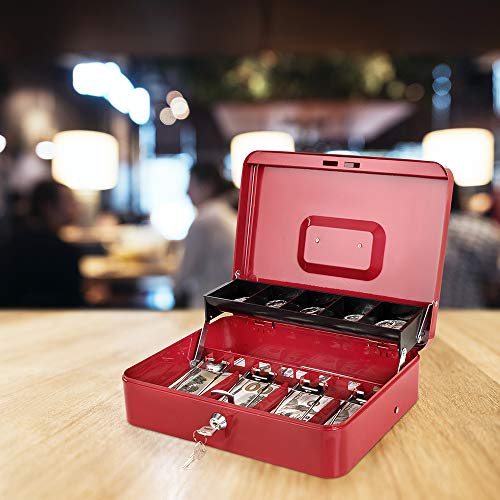 Cash Box with Lock Key and Money Tray, Large Money Box for Cash Register - color: Red