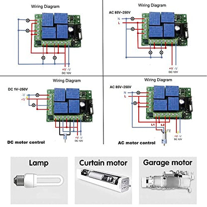 QIACHIP Universal 12V 4CH Wireless Relay Remote Module Switch RF 433Mhz with Remote Control Key Fob 2 Transmitters 1 Receiver for Light Garage Door Electric Gate,Momentary Toggle Latched(KR1204) - color: KR1204+2KT06（DC 12V 4-CH）
