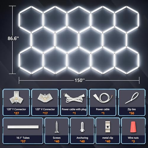 Bevenus Hexagon Garage Lights, 399W 6500K Super Bright LED Ceiling Light, Easy Install DIY Honeycomb Hex Light for Basement Workshop Warehouse Gym Car Detailing Shop (14 Grids) - size: 14 Grids