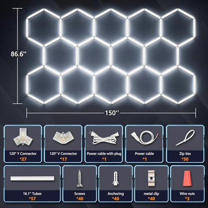 Bevenus Hexagon Garage Lights, 399W 6500K Super Bright LED Ceiling Light, Easy Install DIY Honeycomb Hex Light for Basement Workshop Warehouse Gym Car Detailing Shop (14 Grids) - size: 14 Grids