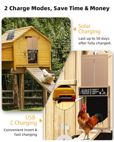 Automatic Chicken Coop Door Solar Powered with Timer & Light Sensor, Pet Deluxe Chicken Door with 7W Solar Panel, Anti-Pinch Safety, 10PCS Wire Clips and Aluminum Alloy, Long-Range Remote - Brown - color: Brown