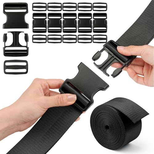 Buckle Straps Set 2'' - 6 Yards Nylon Webbing 2 inch, 6 PCS Dual Side Release Buckles, 12 PCS Tri-Glide Sliders, Heavy Duty Dual Adjustable No Sewing Kit - size: 2 inch