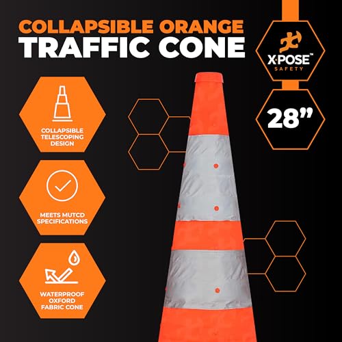 Xpose Safety Collapsible Orange Traffic Cones 28 Inch – Reflective Safety Cone for Parking, Roadside Emergency, Construction, Work Zones, Road Crews & Vehicle Safety