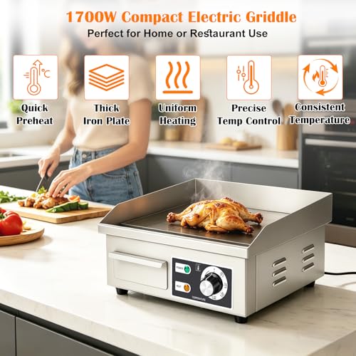 Stainless Steel Electric Griddle, Flat Top Grill Nonstick, Indoor Grill