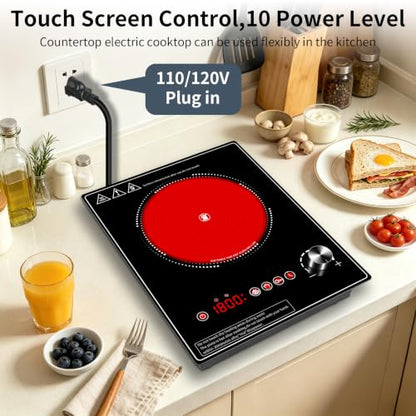 Single Burner Electric Cooktop, 1800W Electric Stove Top，portable cooktop with LED Touch Control,10Power Levels, 4H Timer, Safety Lock, single burner cooktop Overheat protection - size: single Electric Cooktop