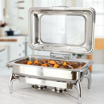 MegaChef 9.5 Quart Stainless Steel Professional Chafing Dish/Food Warmer/Buffet Server Serving Trays w/Hinged Lid & View Window for Entertaining/Catering/Large Gatherings(6.3 Quart Squart w/Window) - size: 6.3 Quart Squart w/ Window