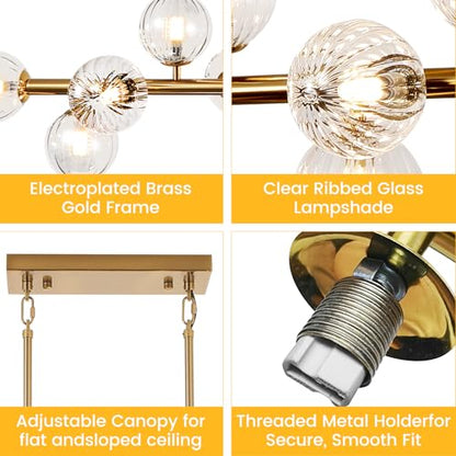 Gold Globe Chandelier Linear Rectangle Modern Chandelier Glass Pendant Light Fixture Adjustable for Dining Living Room Kitchen Island 55" - color: transparent-55in