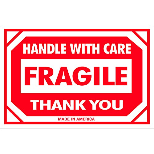 BOX USA BDL1053 Tape Logic Labels, "Fragile - Handle with Care", 2" x 3", Red/White (Pack of 500)