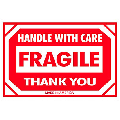 BOX USA BDL1053 Tape Logic Labels, "Fragile - Handle with Care", 2" x 3", Red/White (Pack of 500)