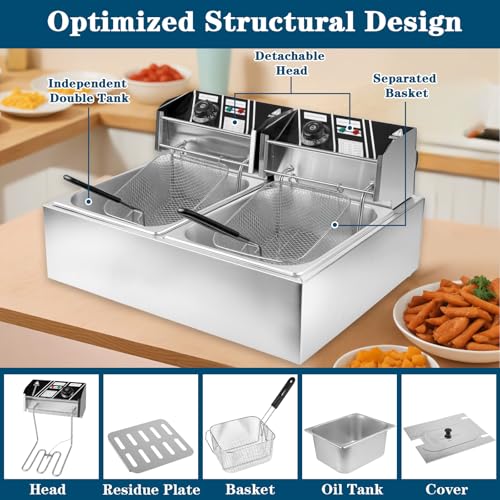 20QT Electric Deep Fryer, 2500W Commercial Stainless Steel Double Tank Countertop Fryer with Dual Baskets, Temperature Control for Restaurant, Food Truck & Home Use - size: 20QT