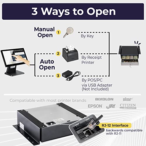 Cash Register Drawer with Under Counter Mounting Bracket - 13" Black Cash Drawer for POS, Stainless Steel Front, 4 Bill 5 Coin, Fully Removable 2 Tier Cash Tray, 12-24V RJ11/RJ12 Key-Lock - color: Black and Stainless Steel, size: 13" - 4 Bill 5 Coin with