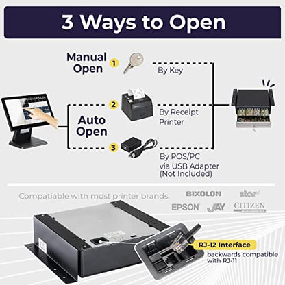 Cash Register Drawer with Under Counter Mounting Bracket - 13" Black Cash Drawer for POS, Stainless Steel Front, 4 Bill 5 Coin, Fully Removable 2 Tier Cash Tray, 12-24V RJ11/RJ12 Key-Lock - color: Black and Stainless Steel, size: 13" - 4 Bill 5 Coin with