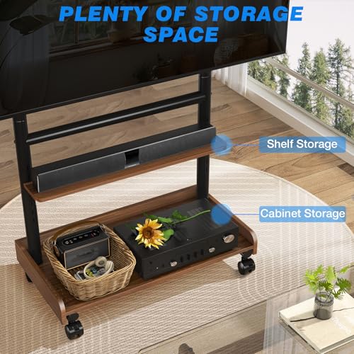 Rfiver Heavy Duty Rolling TV Stand with Wheels for Most 40-86 Inch TVs up to 150lbs, Height Adjustable Mobile TV Stand with Shelf, Floor TV Stand for Living Room, TV Cart Max VESA 600x400mm (Brown) - color: Brown
