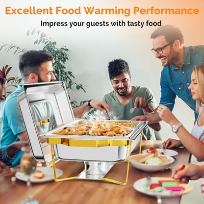 ROVSUN Chafing Dishes for Buffet, 9QT Chafing Dish Buffet Set with Glass Lid,Stainless Steel Buffet Servers and Warmers with 2 Half Size Pan,Stackable Design for Party Wedding, Gold & Silver - size: Half Size Food Pan