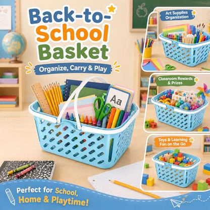NUOBESTY 1Pc Shopping Basket Toy, Mini Grocery Bin with Handles Kids Pretend Play Blue Plastic Basket for Role Play, Toy Storage, Party Favors (10.24 x 6.69 x 5.12 in)