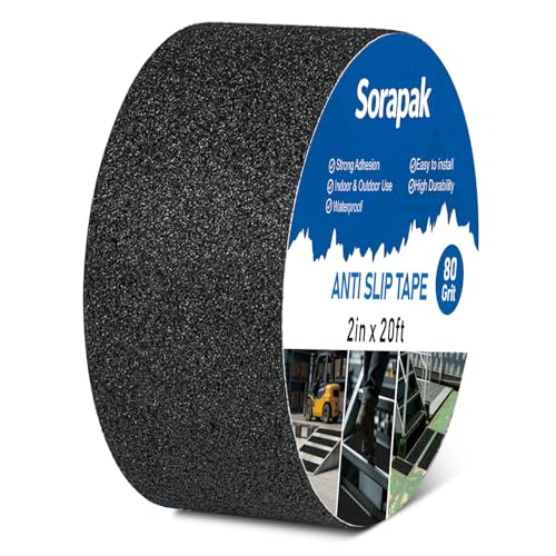Black Anti Slip Tape 2in x 20ft, 80 Grit Waterproof Grip Tape Roll, Non Slip Tape for Stairs, Steps, Ramps, Ladders, Floors, Docks, Trailers & Outdoor Use - size: 2'' x 20 FT