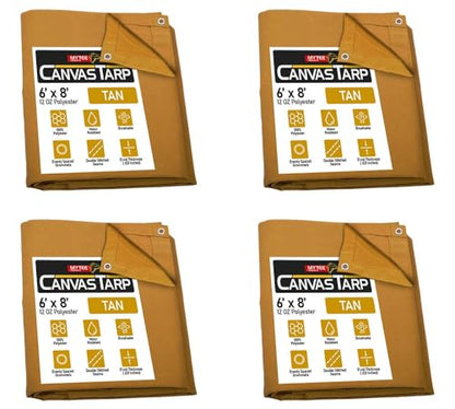 (4 Pack) 6' x 8' Tan Canvas Tarp 12oz Heavy Duty Water Resistant - color: Tan (4 Pcs), size: 6' x 8'