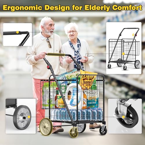 XINGLANG Heavy Duty Folding Shopping Cart – 5.7 Cu Ft, 600 lbs Capacity, Double Basket & Removable Waterproof Liner, 360° Swivel Wheels with Brakes, Adjustable & Rotating Handle for Laundry & Grocery - size: Gigantic