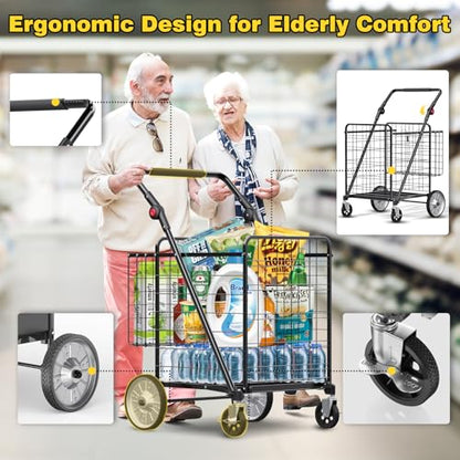 XINGLANG Heavy Duty Folding Shopping Cart – 5.7 Cu Ft, 600 lbs Capacity, Double Basket & Removable Waterproof Liner, 360° Swivel Wheels with Brakes, Adjustable & Rotating Handle for Laundry & Grocery - size: Gigantic
