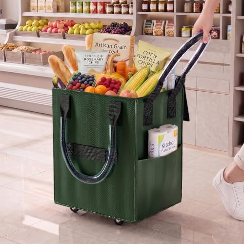 Reusable Grocery Bag on Wheel, Foldable Shopping Cart with Wheels, Can Carry up to 67 Pounds, Suitable for Groceries, Laundry, Camping and Moving. (Green -Small) - color: Green -Small
