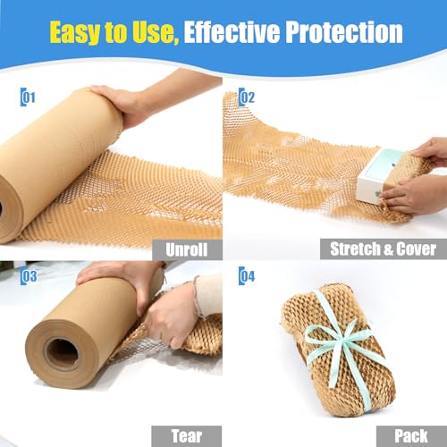 Honeycomb Packing Paper Roll 12" x 295 FT with Fragile Stickers– Biodegradable Cushioning Wrap for Moving, Shipping & Gift Wrapping – 100% Recyclable, FSC Certified Eco-Friendly Packaging - size: 12" x 295ft