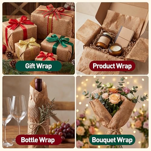 Honeycomb Packing Paper, 15 Inch x 25 FT – Eco-Friendly Recyclable Cushioning Wrap Roll for Moving & Shipping, Bubble Wrap Alternative with Rope, Ribbon & 40 Fragile Stickers - size: 15" x 25'