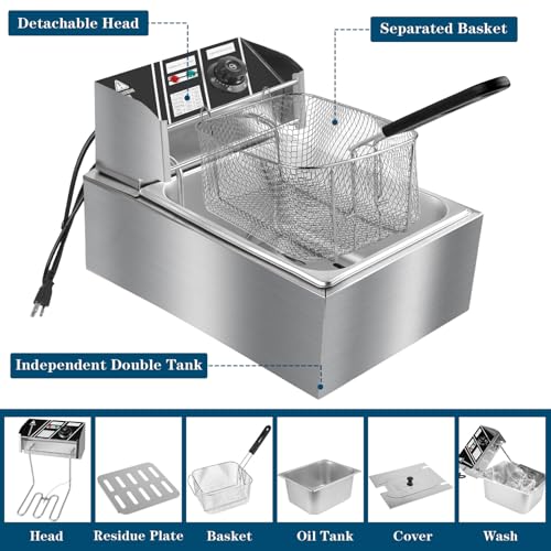10QT Electric Deep Fryer, 2500W Commercial Stainless Steel Single Tank Countertop Fryer with Basket & Lid, Temperature Control for Restaurant, Food Truck & Home Use - size: 10QT