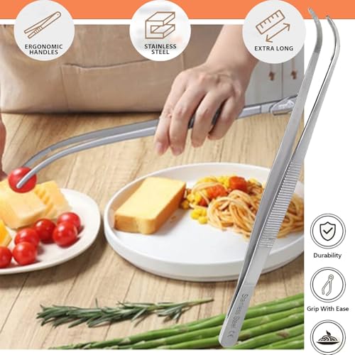 Professional Culinary Stainless Steel Precision Tongs with Serrated Tips, Plating/Food Presentation Detailing Serving Tongs, Chef's Kitchen Tweezer Tongs - Ultra Non-Slip Grip (8 Inch Curved) - size: 8" Curved