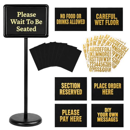 Please Wait To Be Seated Sign, 8.5 x 11 Inch Heavy Duty Sign Holder Stand with 8 Inserts and 8 Alphabet Stickers, Can DIY Sign Messages, Floor Standing Poster Stand with a Base for Yard Business Store Floor Indoor/Outdoor Signage&Advertising, Black