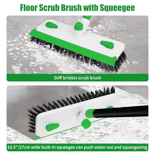 Floor Scrub Brush with Long Handle, 3-in-1 Scrape Scrubber Brush with Squeegee Stiff Bristle Deck Brush for Cleaning Tile Bathroom Patio Deck Garage Grout Kitchen
