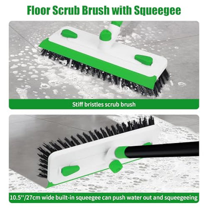 Floor Scrub Brush with Long Handle, 3-in-1 Scrape Scrubber Brush with Squeegee Stiff Bristle Deck Brush for Cleaning Tile Bathroom Patio Deck Garage Grout Kitchen